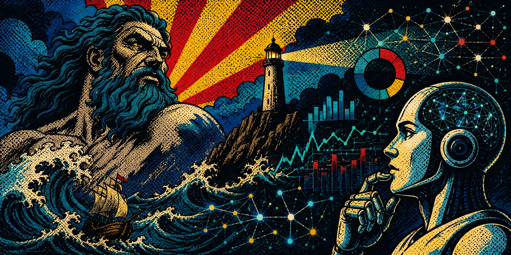 Adamastor, the giant of the Cape of Storms, meets the machines — lighthouse, charts and all
