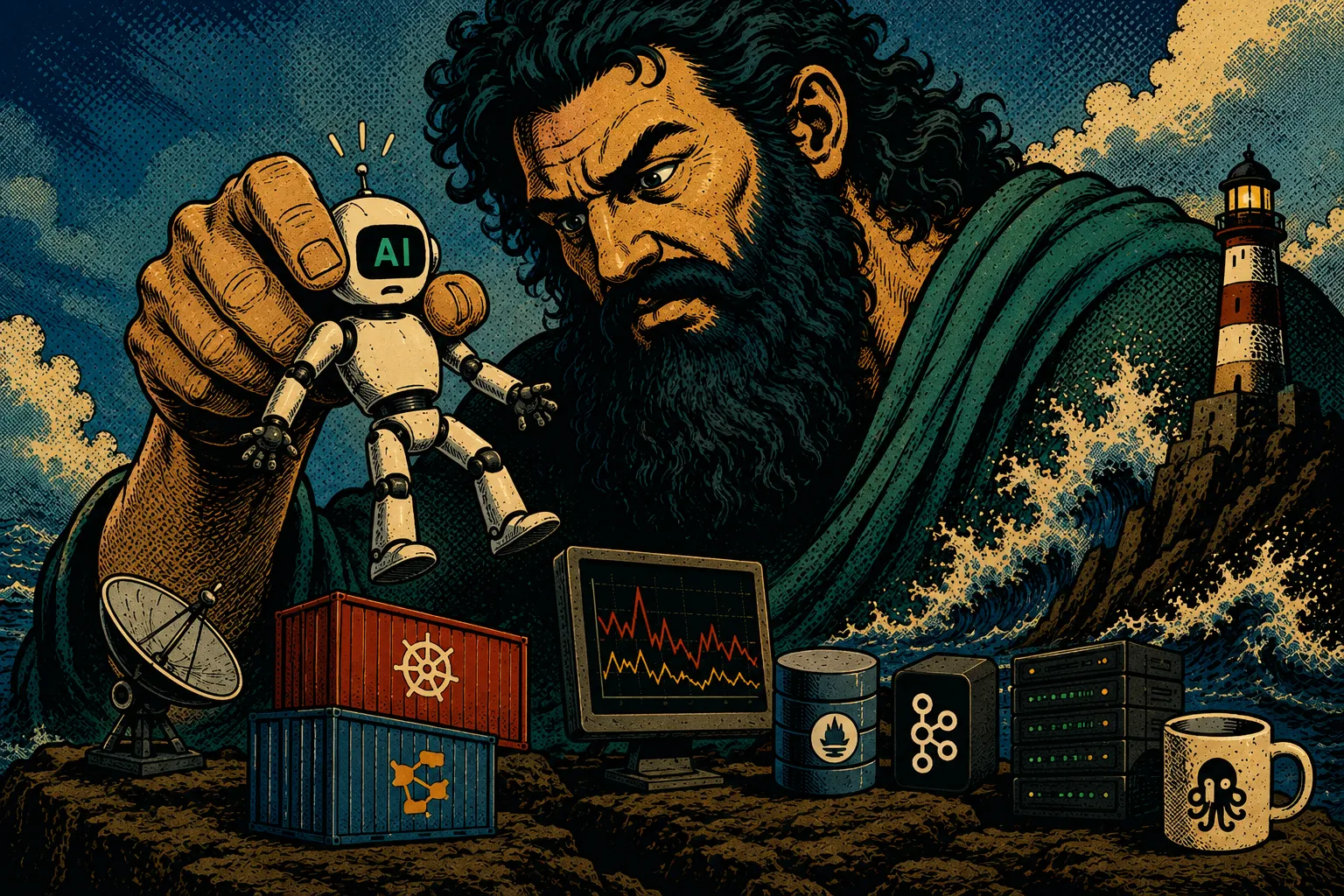 Adamastor holding a small AI robot up to the light, surrounded by the containers, dashboards, and servers of the AdamastorX stack